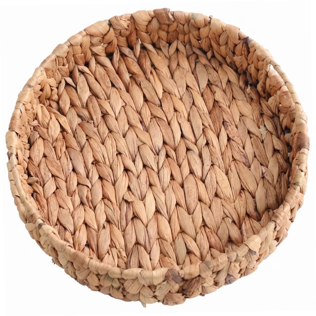 Round Woven Tray, Handwoven Water Hyacinth Wicker Serving Tray with Handle for Kitchen/Bedroom/Bathroom, L
