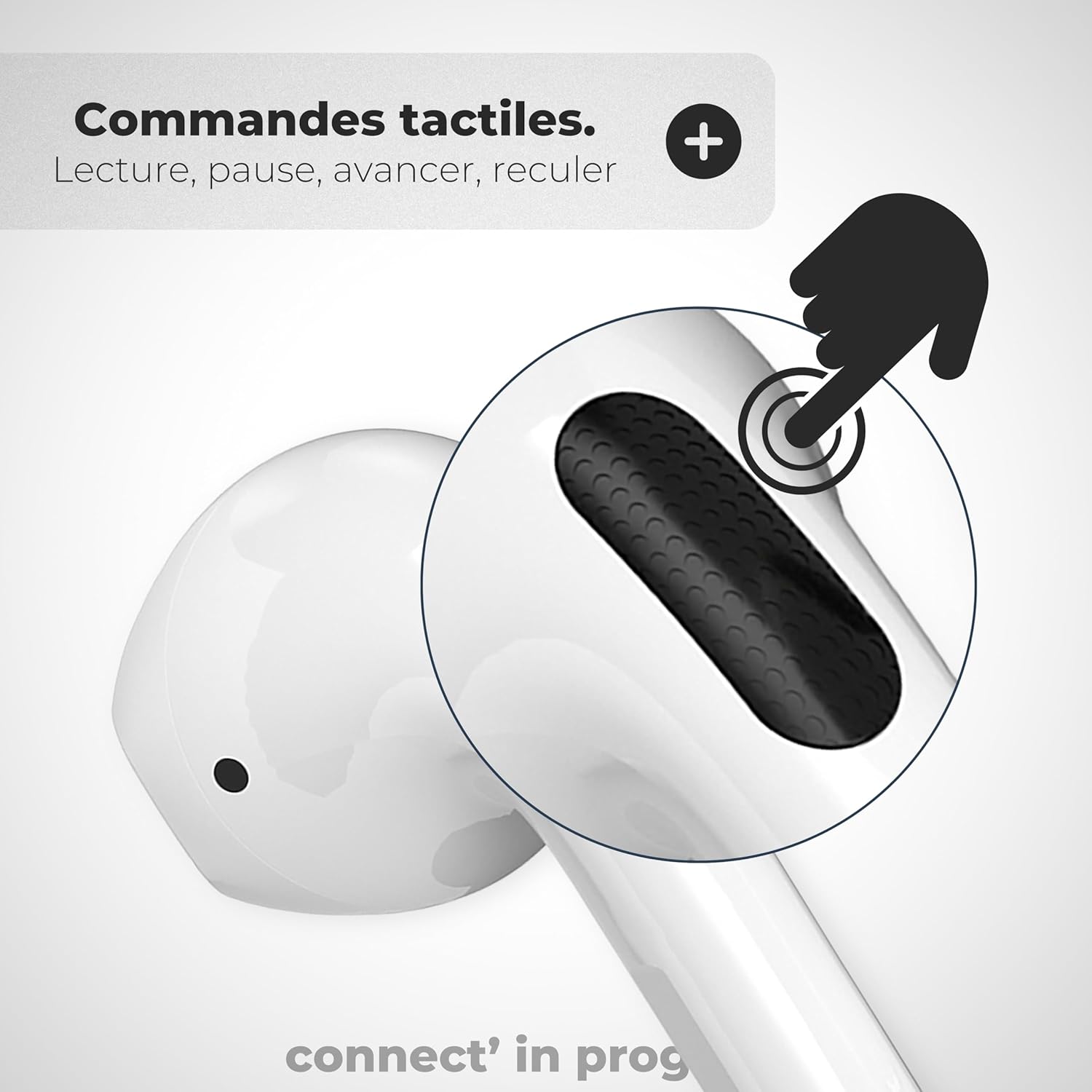 Close-up of earbud showing touch control area