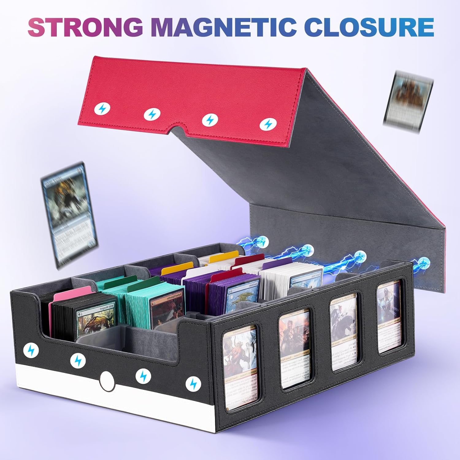 UAONO Trading Card Storage Box with Commander Display; 2400+ Deck Box for MTG with Removable Cover; Top Loaders Card Case fits Magic TCG PTCG Sports Cards; 24 Dividers, 4 Stoppers (Red, White)