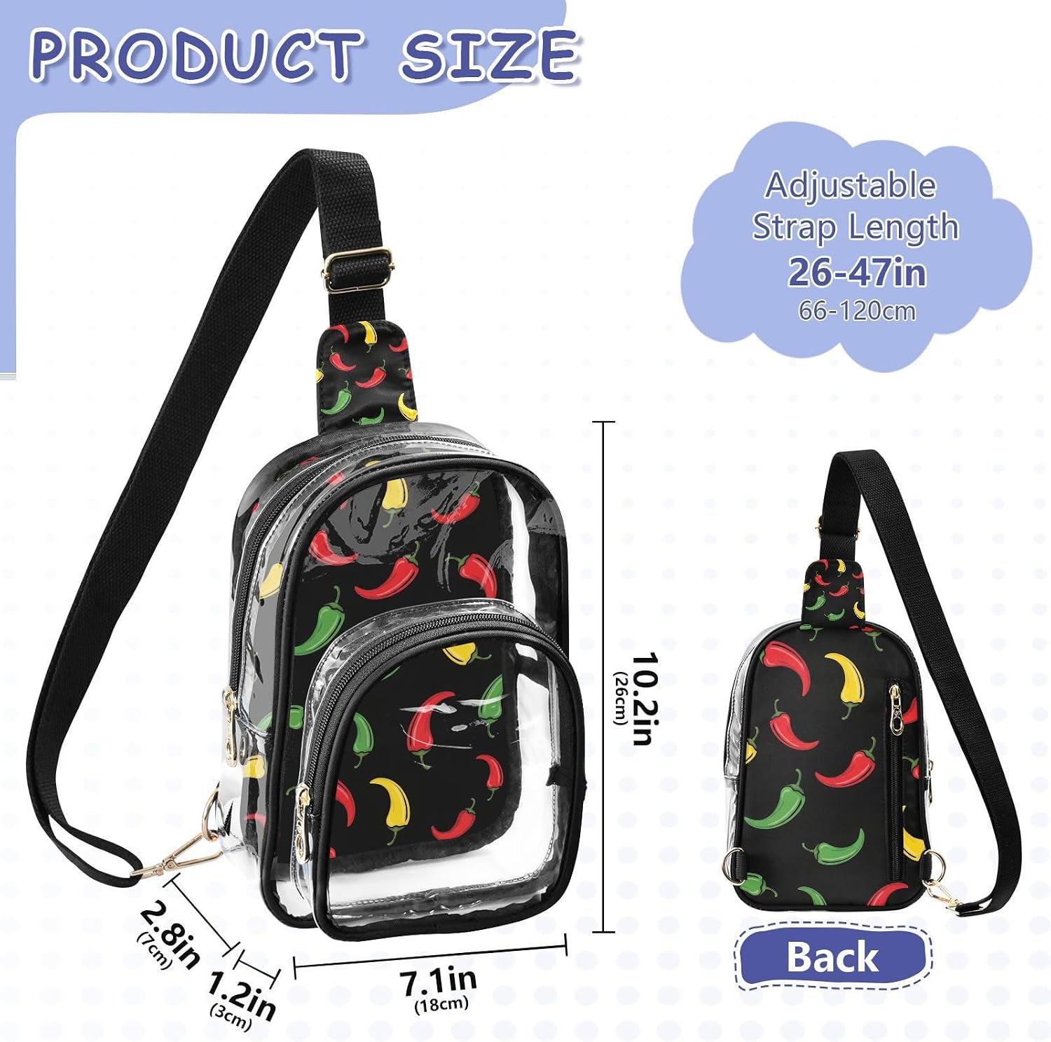 Sinestour Chili Pepper Black print Clear Crossbody Bag Stadium Approved, Small Clear Purse for Women, Transparent See Through Sling Backpack for Sports Events Travel Concerts