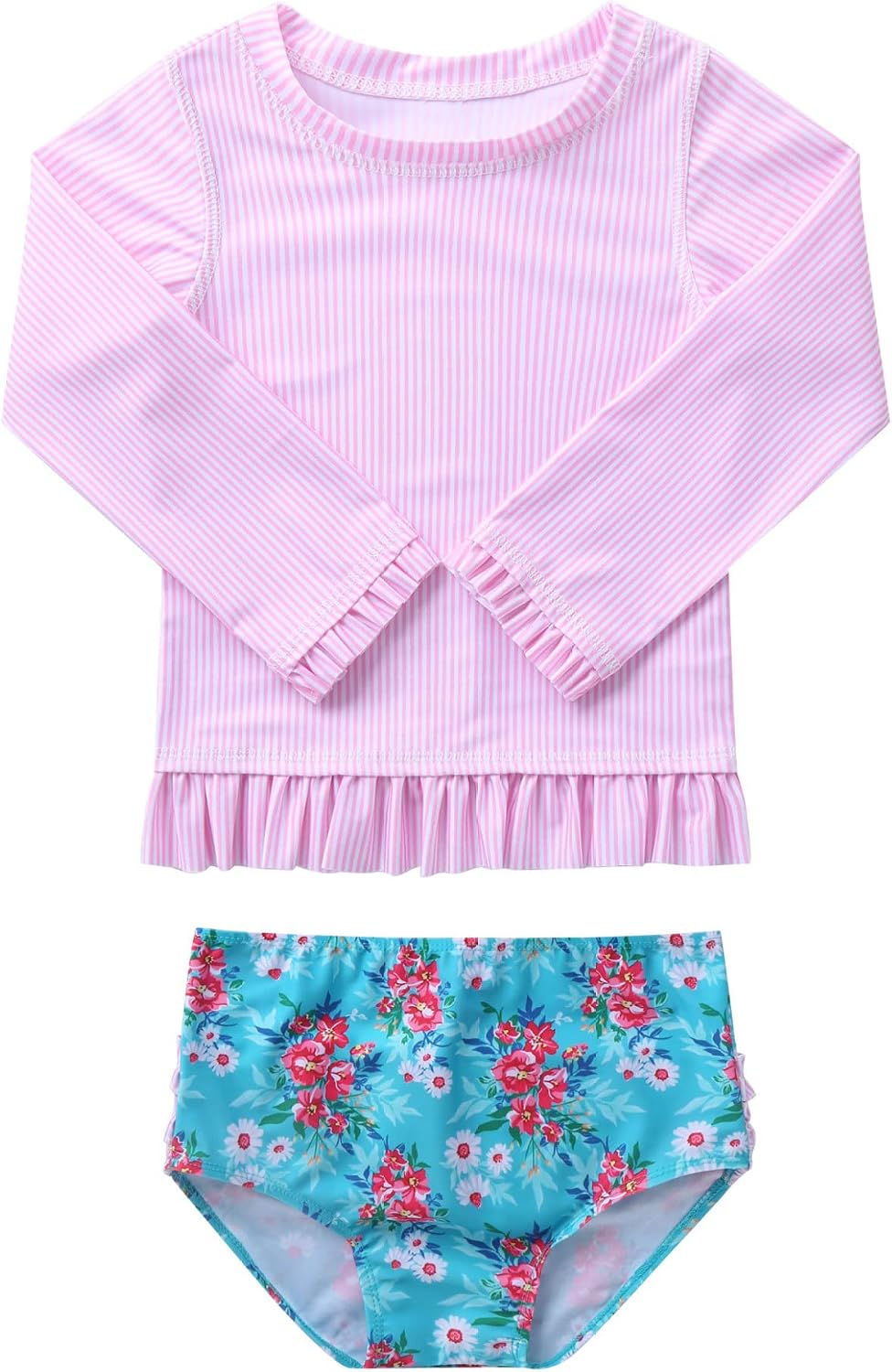 Toddler Baby Girls Long Sleeve Rash Guard Swimsuit 2 Piece Shirt with Bottoms Tankini Bathing Suit