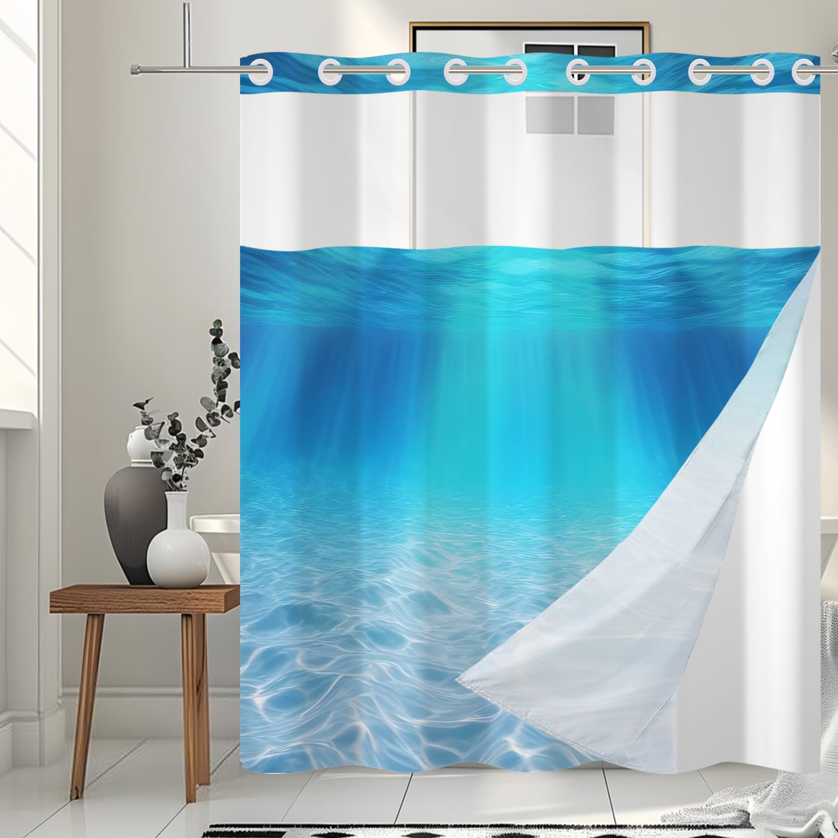 Rideau de Douche 180x210cm sans Crochets avec Doublure à Clipser Motif Monde sous-Marin Double épaisseur imperméable décoratif avec fenêtre Transparente.