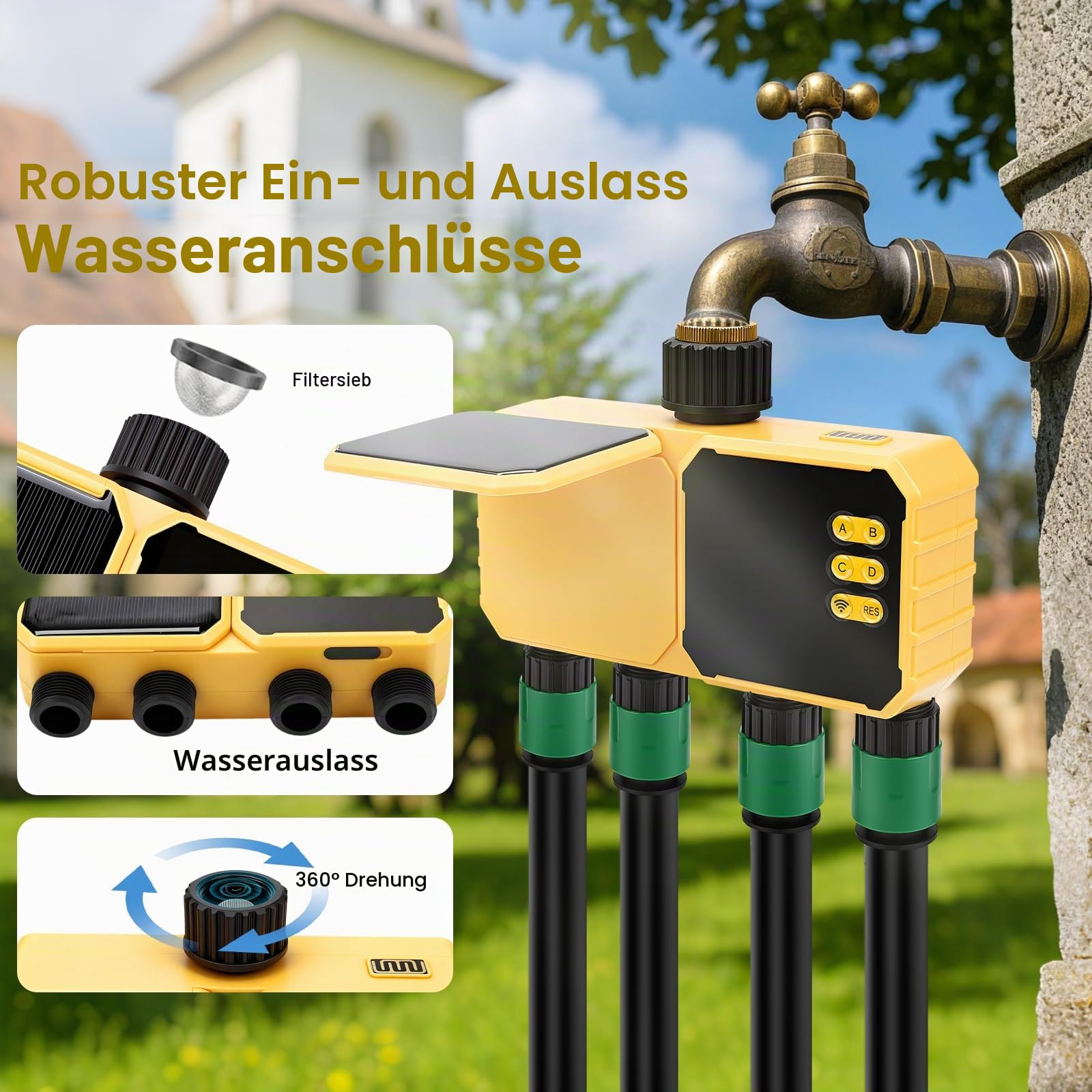 Bewässerungscomputer WLAN 4 Ausgänge,Smart Wasserzeitschaltuhr,App-Steuerung Sprachsteuerung Regenverzögerung Automatische Bewässerung,für Rasen,Garten