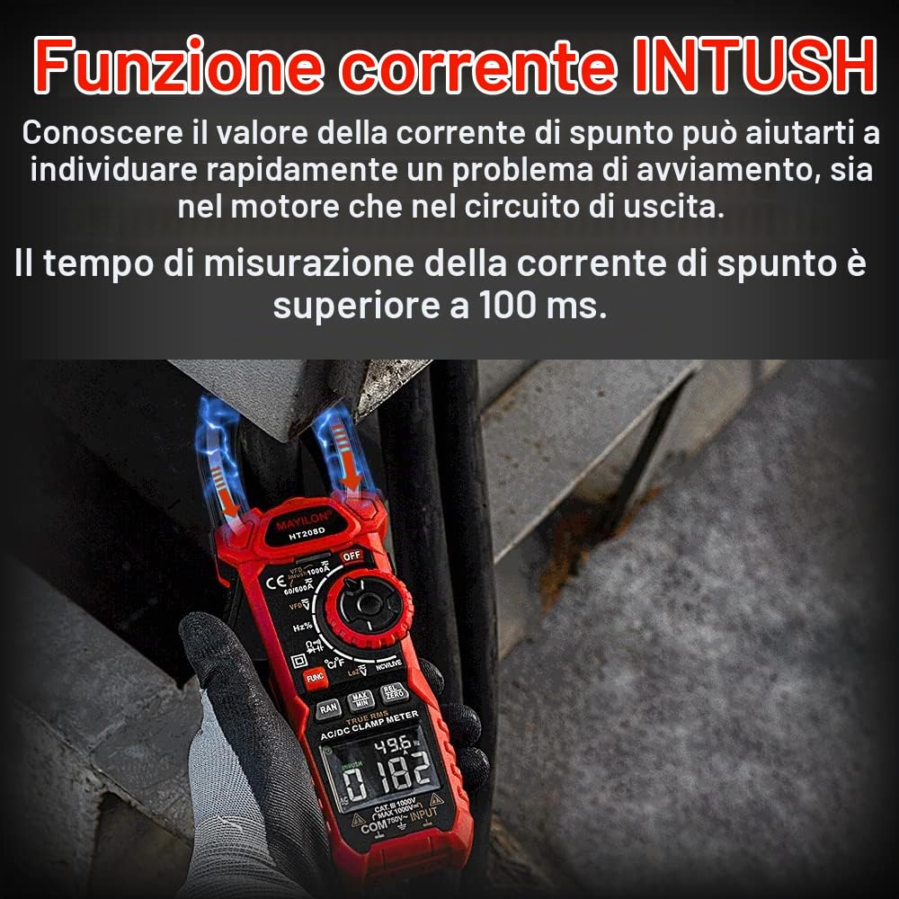 HT208D Multimetro True-RMS, Pinza Amperometrica con Funzione di Corrente di Spunto, VFD, NCV e RAN, Misura AC/DC Tensione e Corrente, Capacità, Resistenza, Diodi, Continuità, Valore Relativo, LowZ
