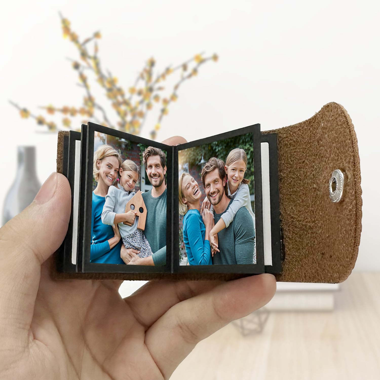 1 mini álbum de fotos, llavero para álbum de fotos pequeño, llavero personalizado de cuero, álbum de fotos autoadhesivo, llavero para familia, pareja (marrón)