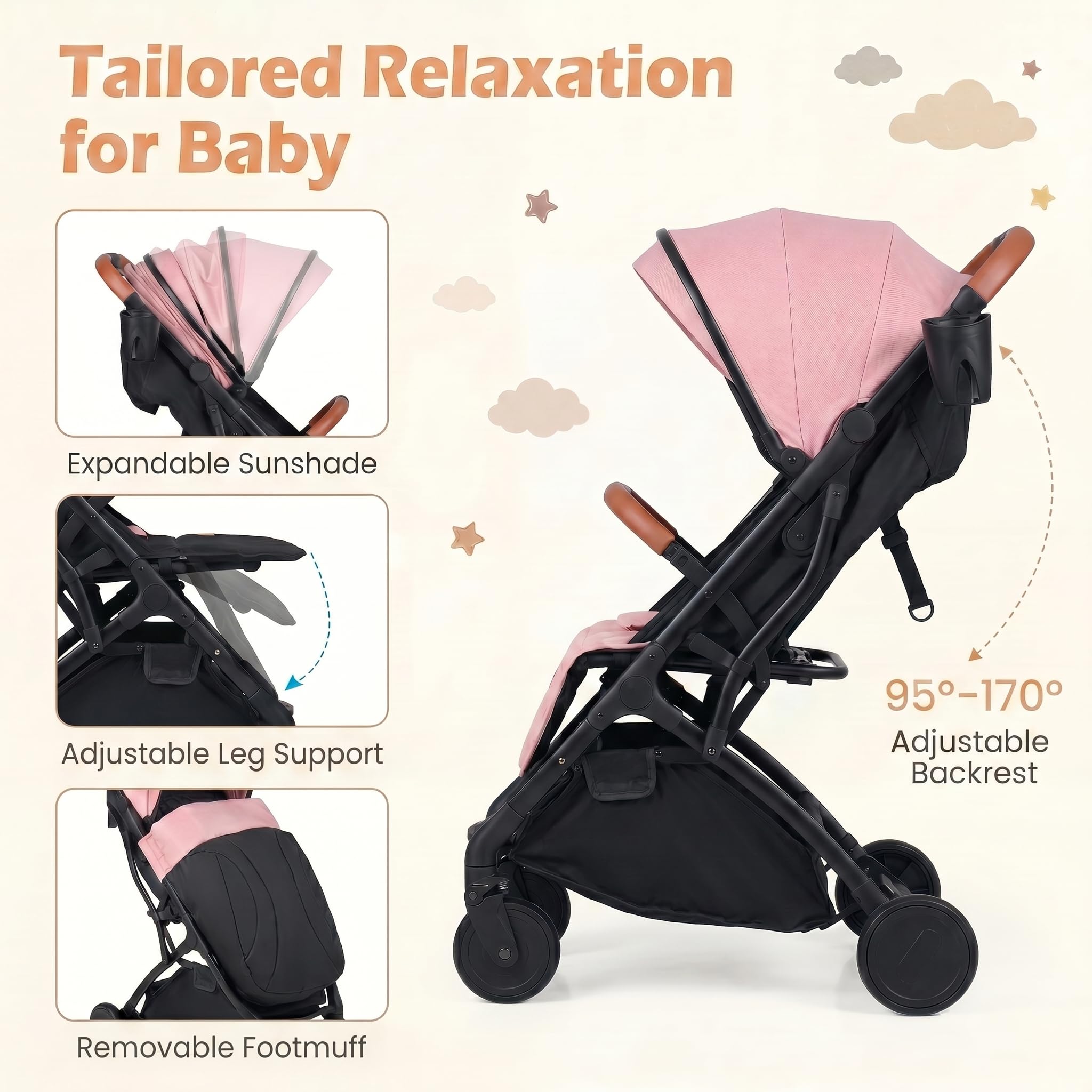 GIANTEX Silla de Paseo Ligera, Carrito Bebé Plegable con una Mano, Respaldo y Reposapiés Ajustables, Capota Extensible, Cubierta Impermeable, Cesta y Portavasos, Cochecito Bebé Compacto (Rosa)