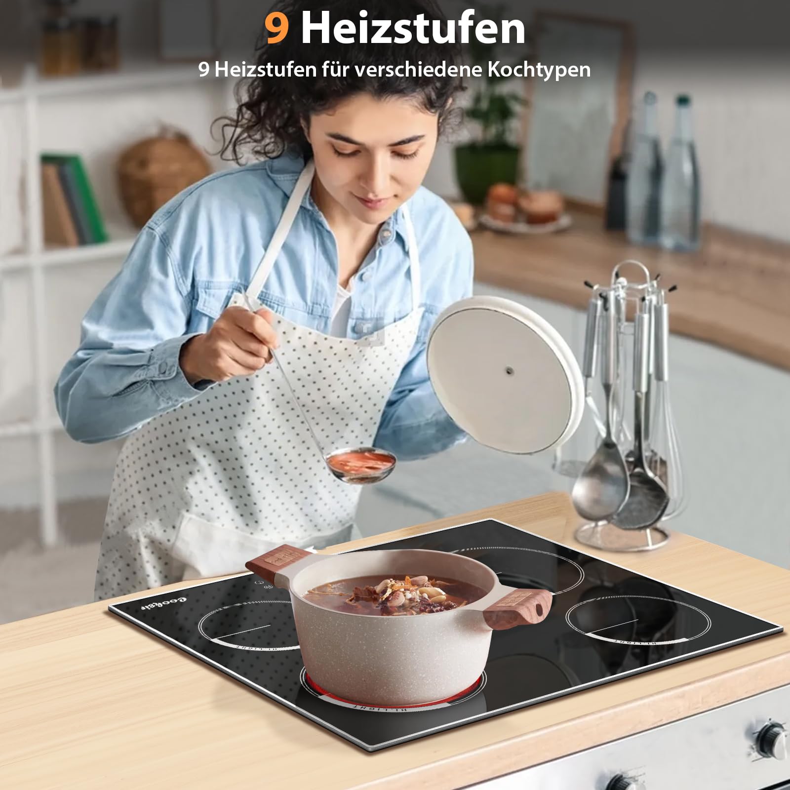 Glaskeramikkochfeld 4 Platten 60cm Einbau Kochfeld Autark 6000 Watt 9 Leistungsstufen Edelstahlrahmen Sicherheitsschloss 220V