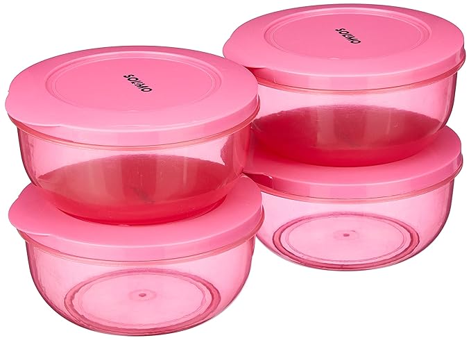 Amazon Brand – Solimo Nestable Round Container 600 ml set of 4, Pink at Rs. 54