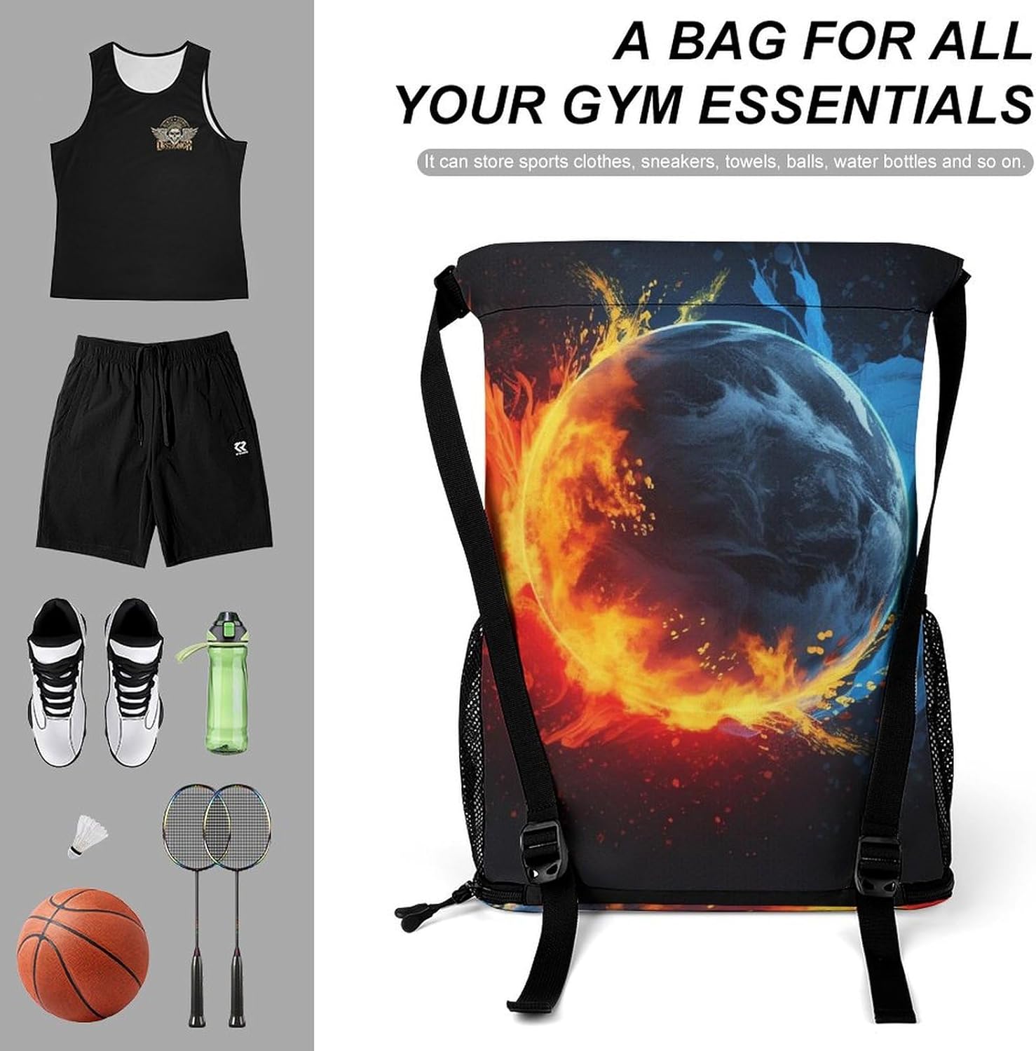 Small Gym Bag Pucks And Fire Printed Drawstring Gym Bag for Men Lightweight Waterproof Drawstring Backpack for Women with Shoe Compartment for Travel Tourism Work And Fitness