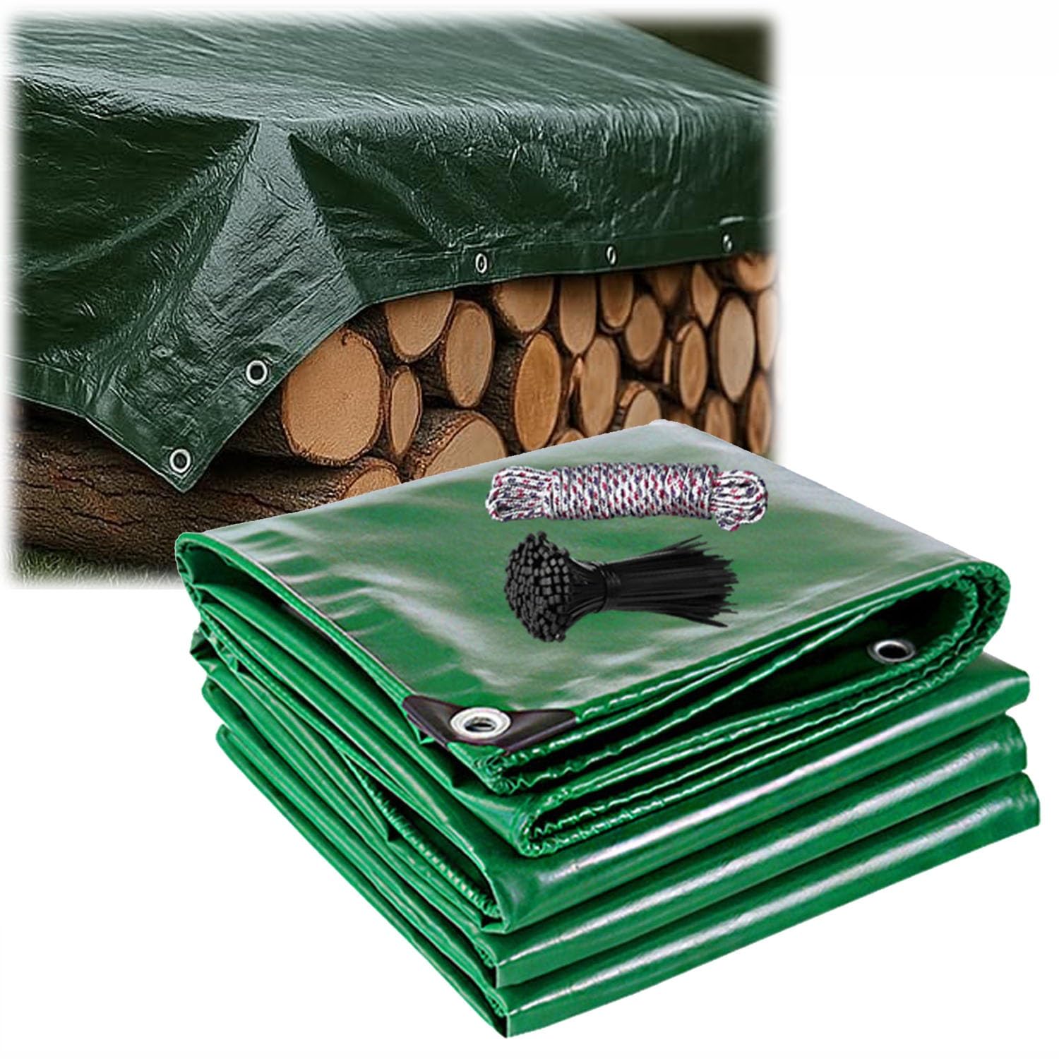 Lona verde impermeable grande con ojales, cubierta protectora multiusos reforzada para invernadero, patio, camping, lona resistente con cuerda y bridas (4,5 x 8,5 m)