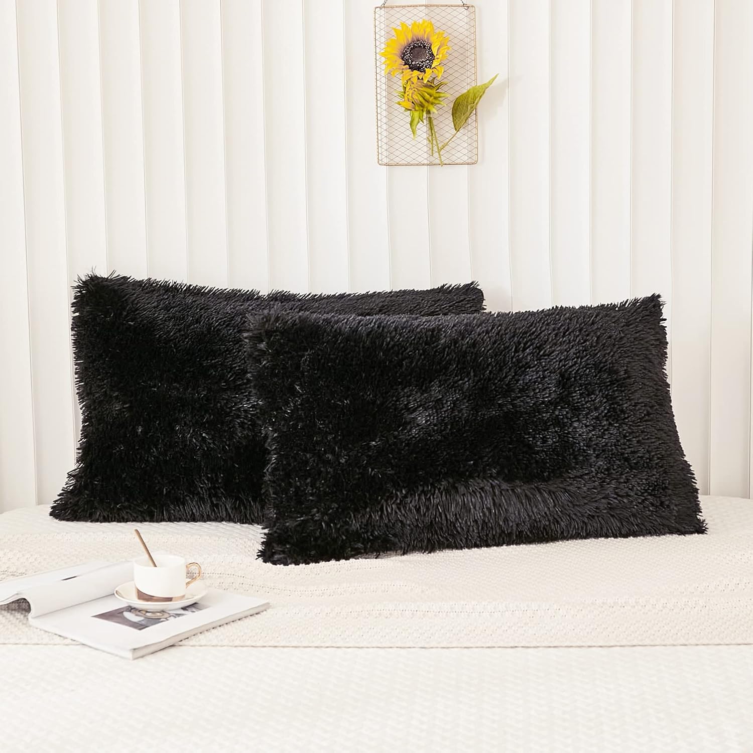 Faux Fur Fluffy Pillowcases, Black Plush Shaggy Velvet King Size Pillow Cover Set of 2, Zipper Closure (20"x36", Black)