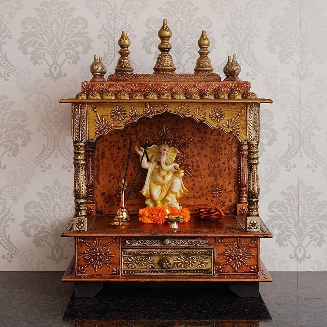 Mango Wooden Temple/Mandir/Pooja Ghar/Mandapam with Drawer Mangal Beautiful Puja Stand for Home and Office | Handcrafted Wall Mounted Engineered Ethnic Big Size(Size- 28D x 46W x 61H CM)