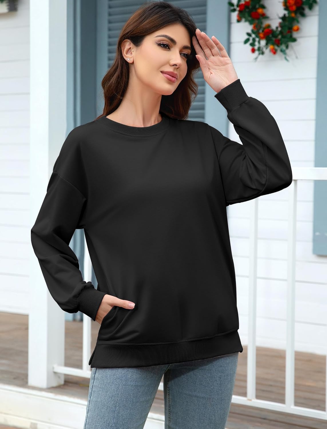 Womens Crewneck Sweatshirts Fashion Lightweight Sweatshirt Casual Long Sleeve Pullovers With Pockets - Image 3