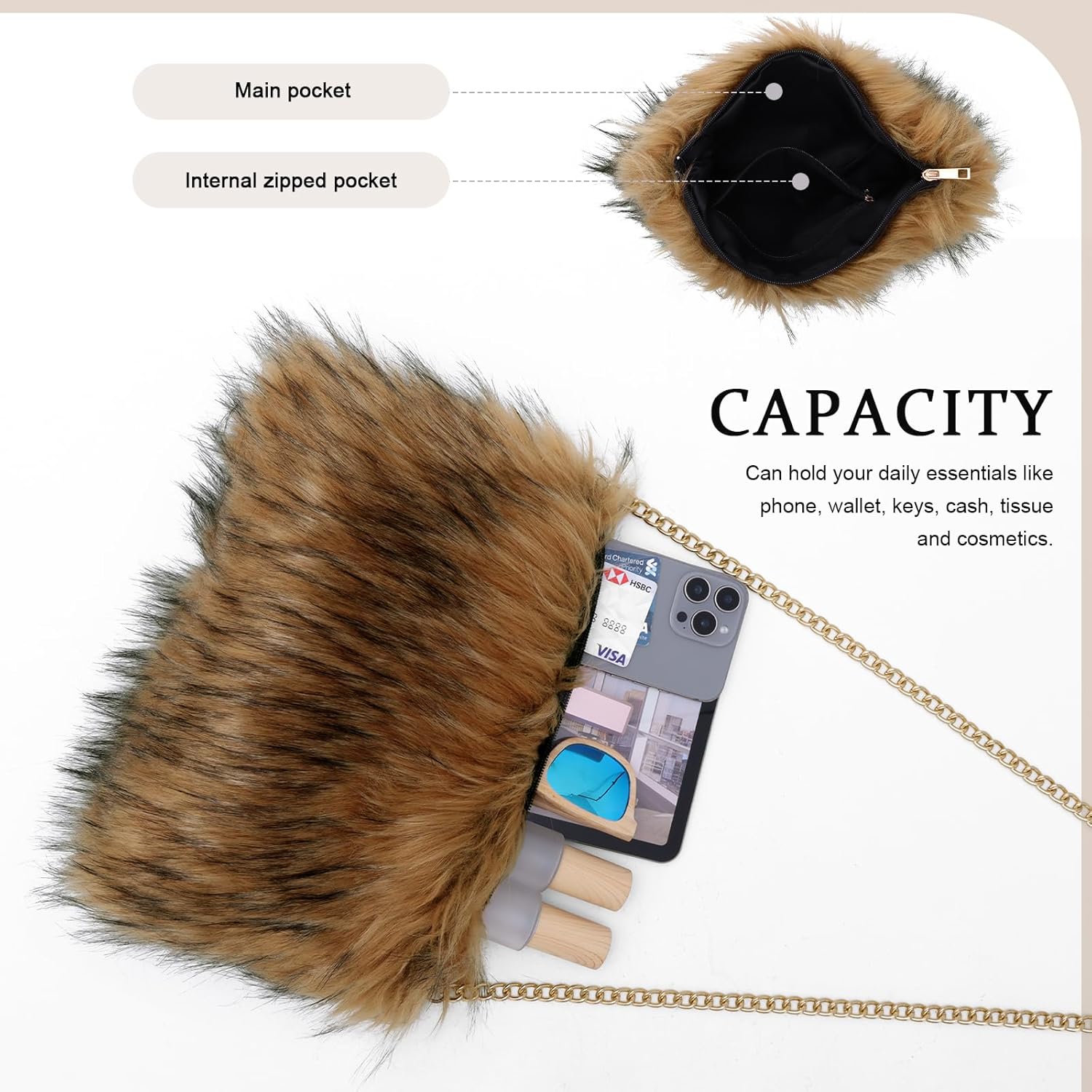 SUKUTU Faux Fur Evening Handbags for Women Soft Fuzzy Fluffy Crossbody Shoulder Bag with Chain Strap - Image 5