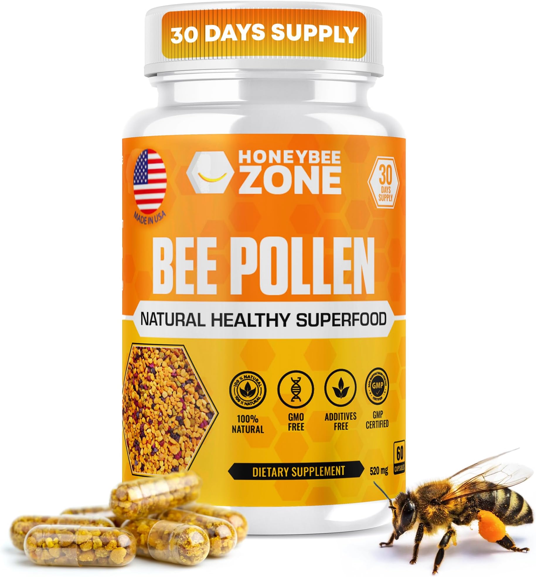 100% Raw Bee Pollen Granules in 60 Veggie Capsules – High in Essential B-Complex for Metabolism & Energy - Gluten Free & Non-GMO - Protein & Antioxidants – Immune Support & Vitality