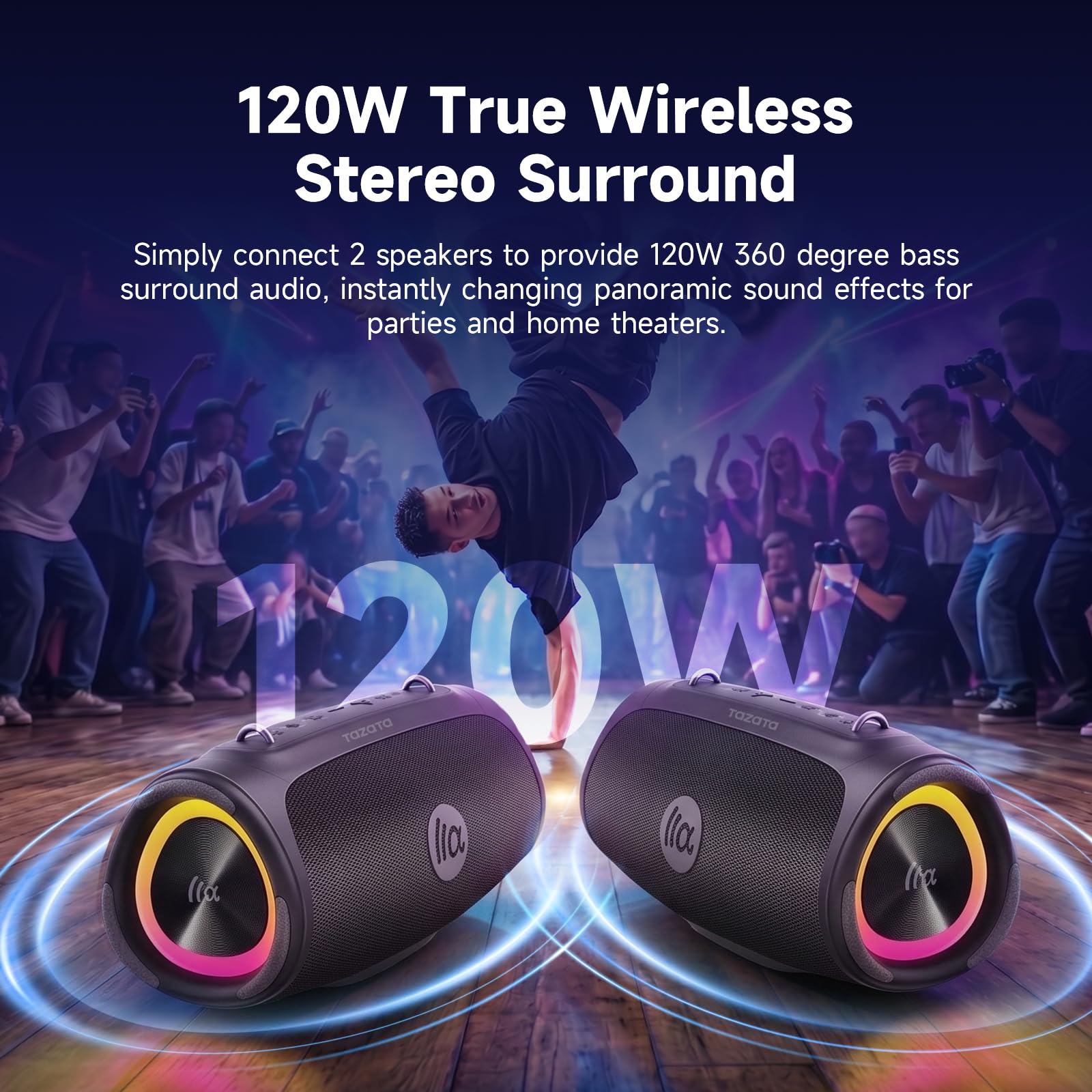 TAZATA Altoparlante Bluetooth portatile per esterni, subwoofer da 90 W, 100 + accoppiamento altoparlanti, BassUp 2.0, impermeabile IPX7, galleggiante, Bluetooth 5.3, luci RGB, 6 equalizzatori