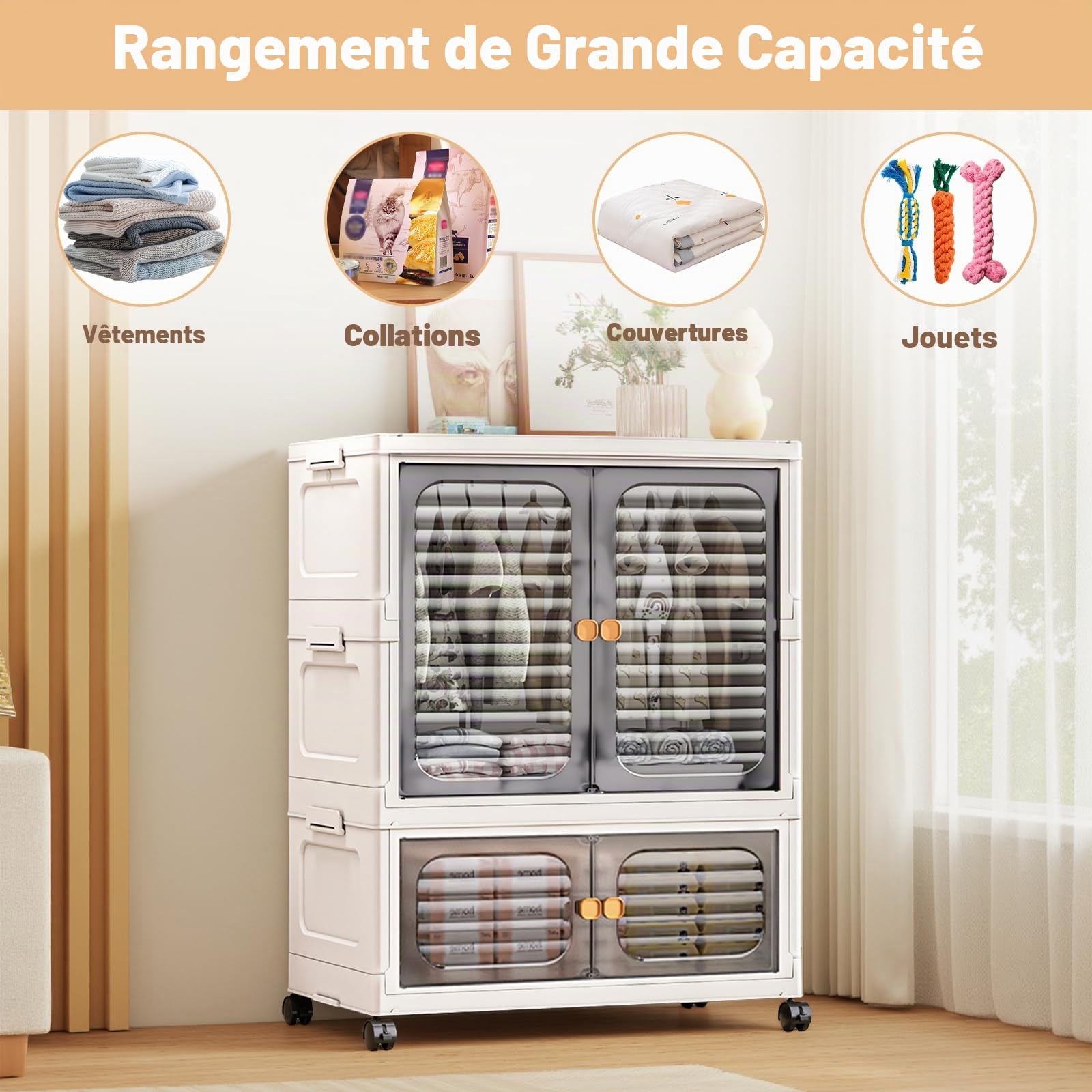 Armoire portable à double portes - Armoire pliante avec roulettes - Boîtes empilables - En plastique - Avec 1 suspension + 1 rangement - 60 x 35 x 79 cm - Blanc