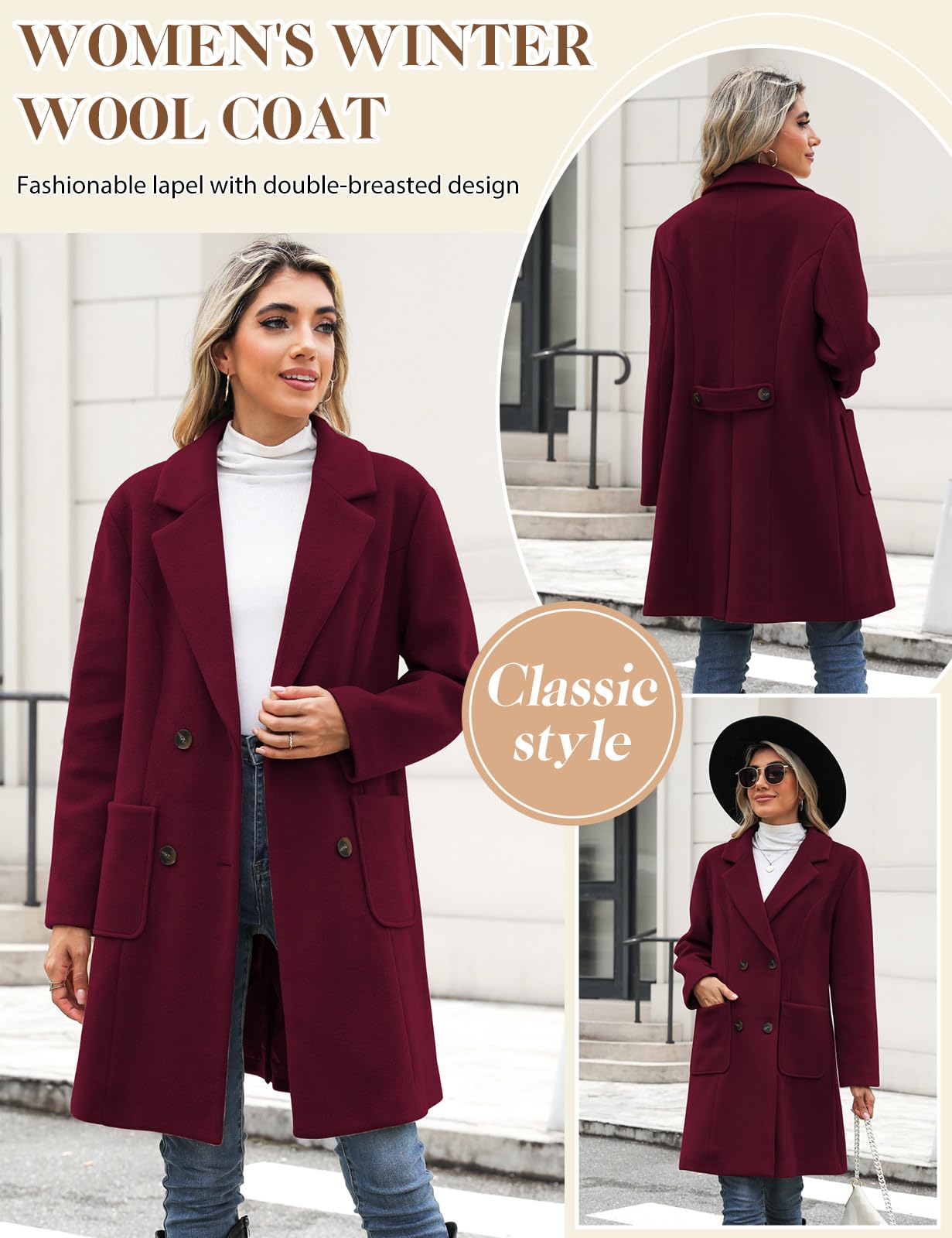 CMTOP Wintermantel Damen V-Ausschnitt Revers Mantel Lang Warm Wollmantel Herbst Winter Damen-mäntel Gerade Zweireihiger Übergangsmantel Elegant Damenmantel mit Taschen