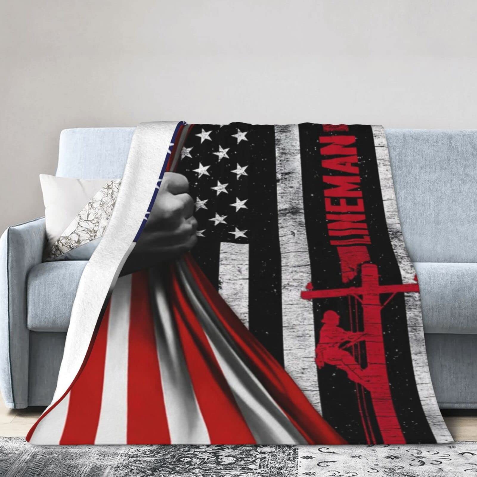 Lsjuee Christmas Flannel Fleece Blanket 80"X60" Lineman Pride American Us Bed Throw Blanket Funny Ultra-Soft Travel Winter Blankets for Kids Keep Warm