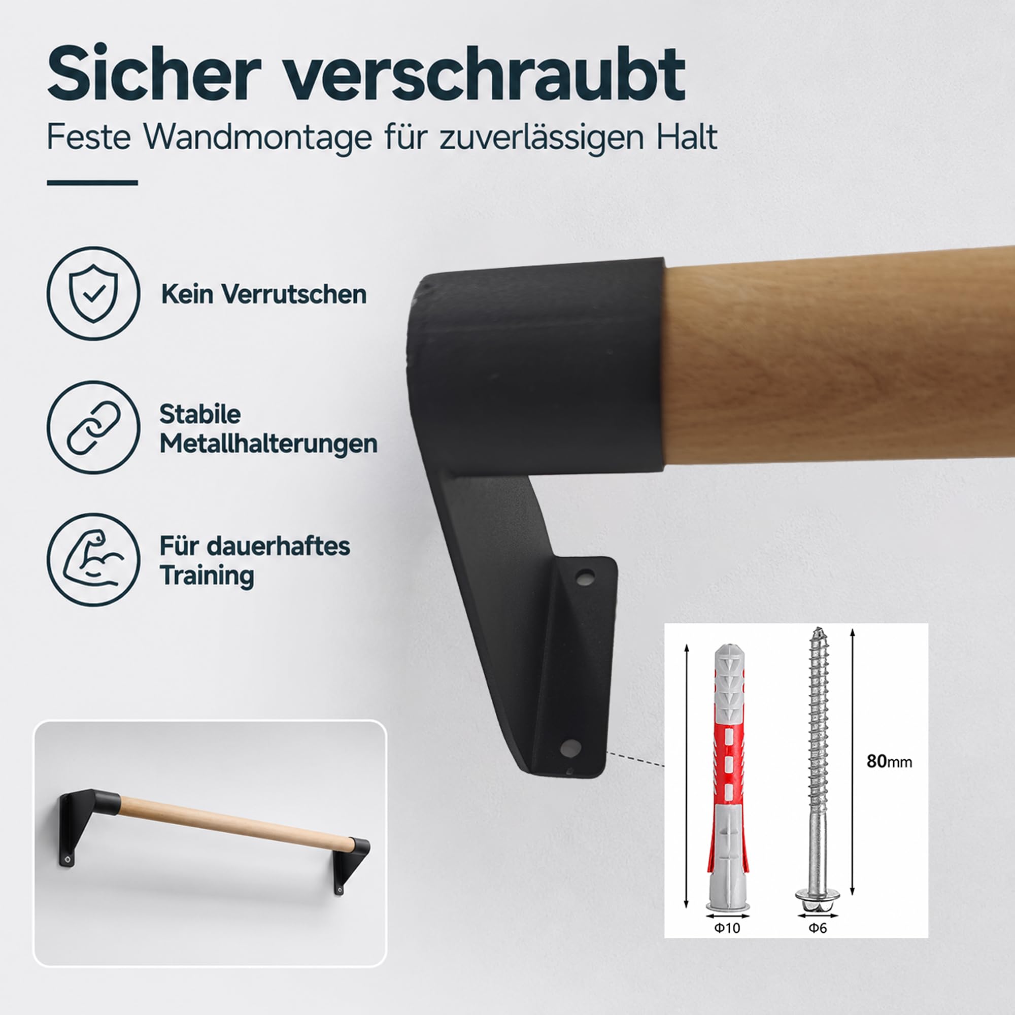Klimmzugstange Wand Holz, bis 130kg, extra breite Pull Up Bar