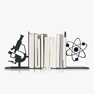 Metal Science Bookends, Atom and Microscope Decor for Bookshelf | Home Study Room Science Classroom Decor, Science Gift for Science Teacher Professor Scientist Nerd New Graduate and Friend