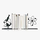 Science Metal Bookends, Atom and Microscope Decor for Bookshelf Home Study Room Science Classroom Decor, Science Gift for Science Teacher Professor Scientist Nerd New Graduate and Friend