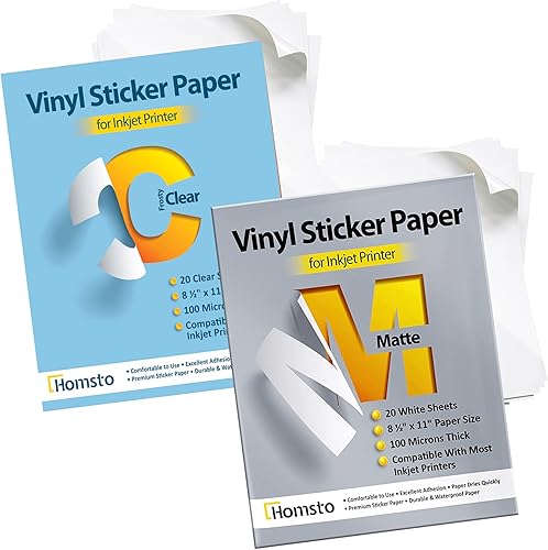 Papel adhesivo de vinilo para impresora de inyección de tinta, 20 mate y 20 papel adhesivo impermeable transparente escarchado papel adhesivo