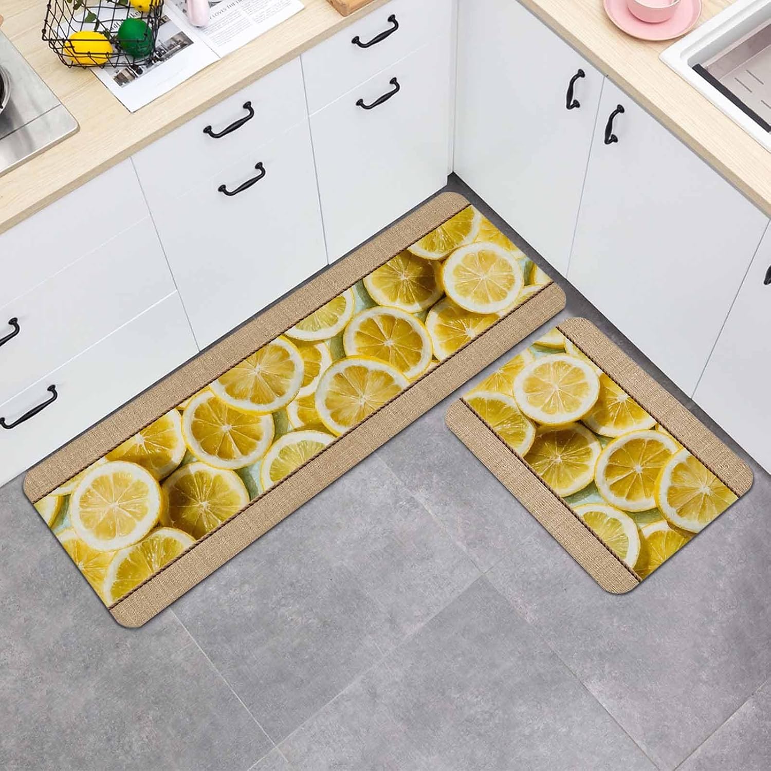 Prime Leader Yellow Lemon Kitchen Mat Set 2 Pieces Retro Country Fruit Linen Texture Farmhouse Non Slip Kitchen Rugs Washable Runner Rug Mats for Sink Laundry (19.7" x 31.5"+19.7" x 47.2")