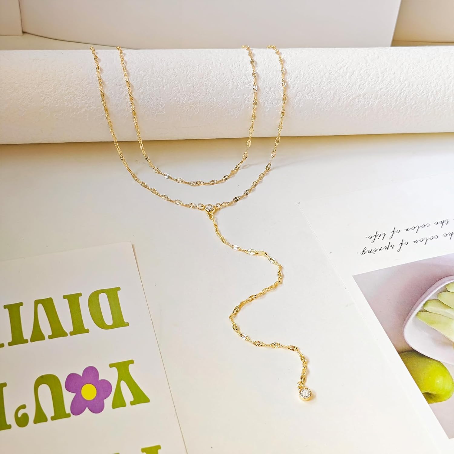 Lariat Silver/Gold Necklace for Women 925 Silver/14K Gold Plated Dainty Long Necklace Y-Shaped Drop Pendant Necklaces Choker Trendy Chain Simple Layered Necklaces CZ Jewelry for Women Set Gift - Image 8