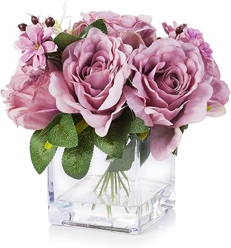 Enova Floral Mixed Artificial Silk Roses Faux Flowers Arrangement in Cube Glass Vase with Faux Water Home Office Wedding Decor Purple