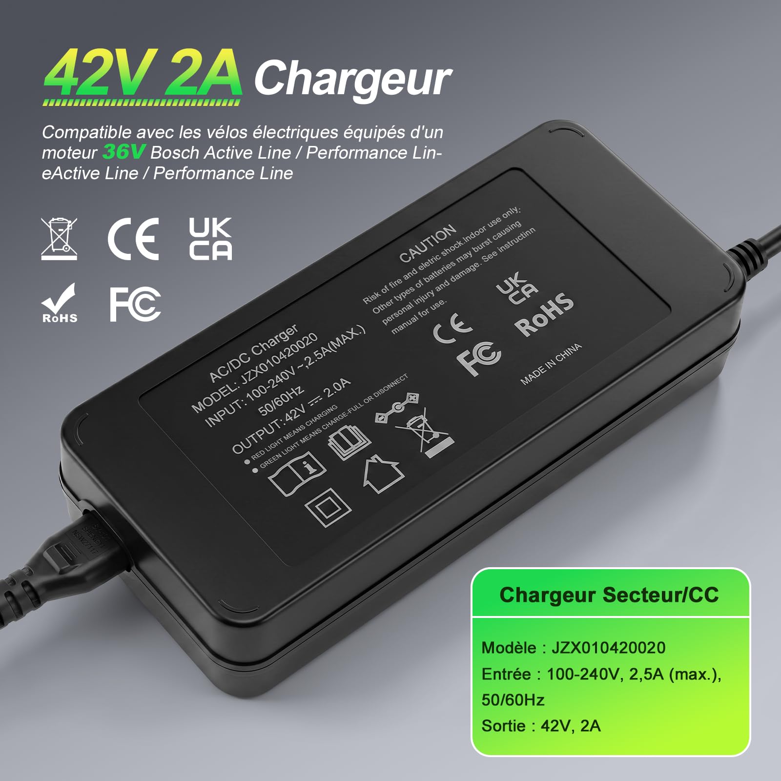 42V 2A Chargeur pour Bosch Performance et Active Line Vélos Electriques pour Batteries 36V
