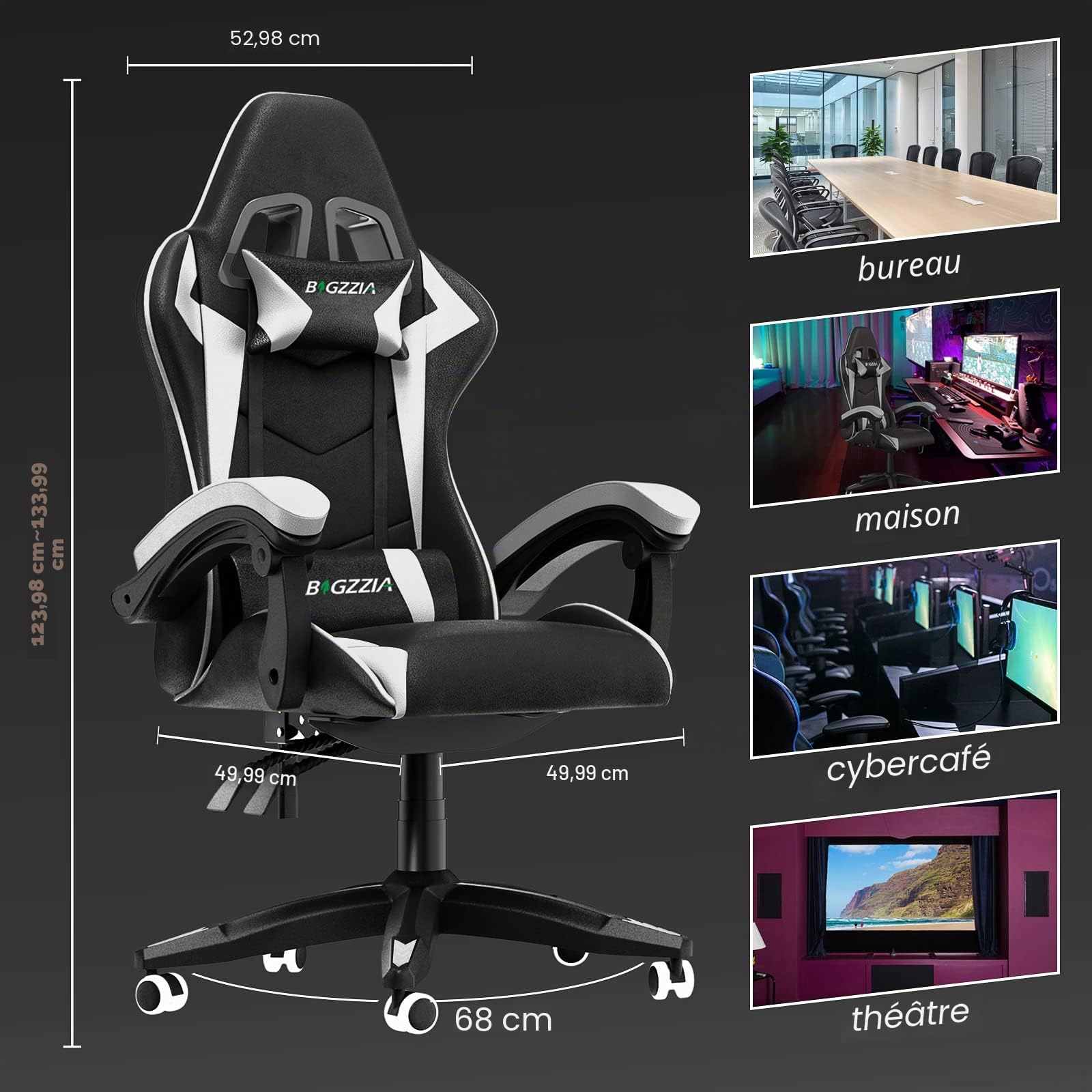 bigzzia Chaise Gaming,Ergonomique PU Cuir Chaise Bureau,Hauteur Réglable,avec Lombaire&Appui-Tête Appui,Dossier Inclinable à 155°,Fauteuil Gaming Adultes Enfants (Blanc)