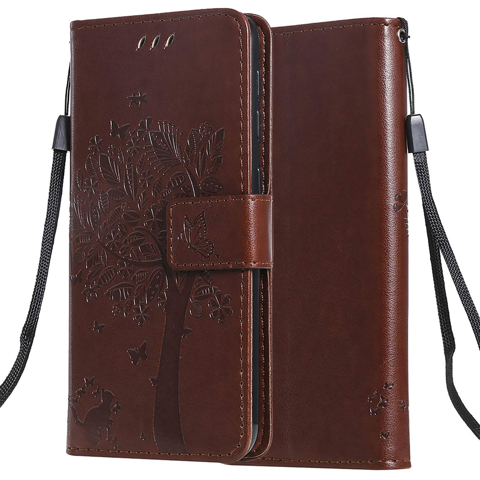 C-Super Mall Case for OPPO Realme 7 Pro, Embossed Tree Cat Butterfly Pattern Stand Flip Magnetic Closure Card Slots Wallet Cover, Coffee