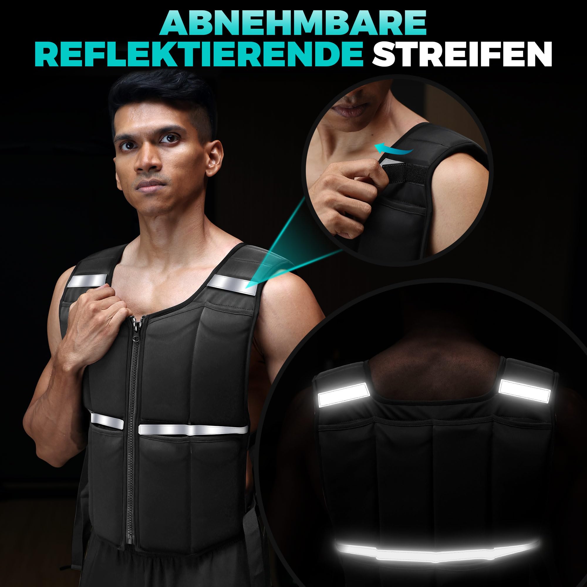 ONETWOFIT Verstellbare Gewichtsweste für Herren 20KG, Rucking-Westen zum Wandern mit Reißverschluss/16 Stück Silikongewichte, Krafttrainingsweste zum Laufen,mit reflektierenden Streifen