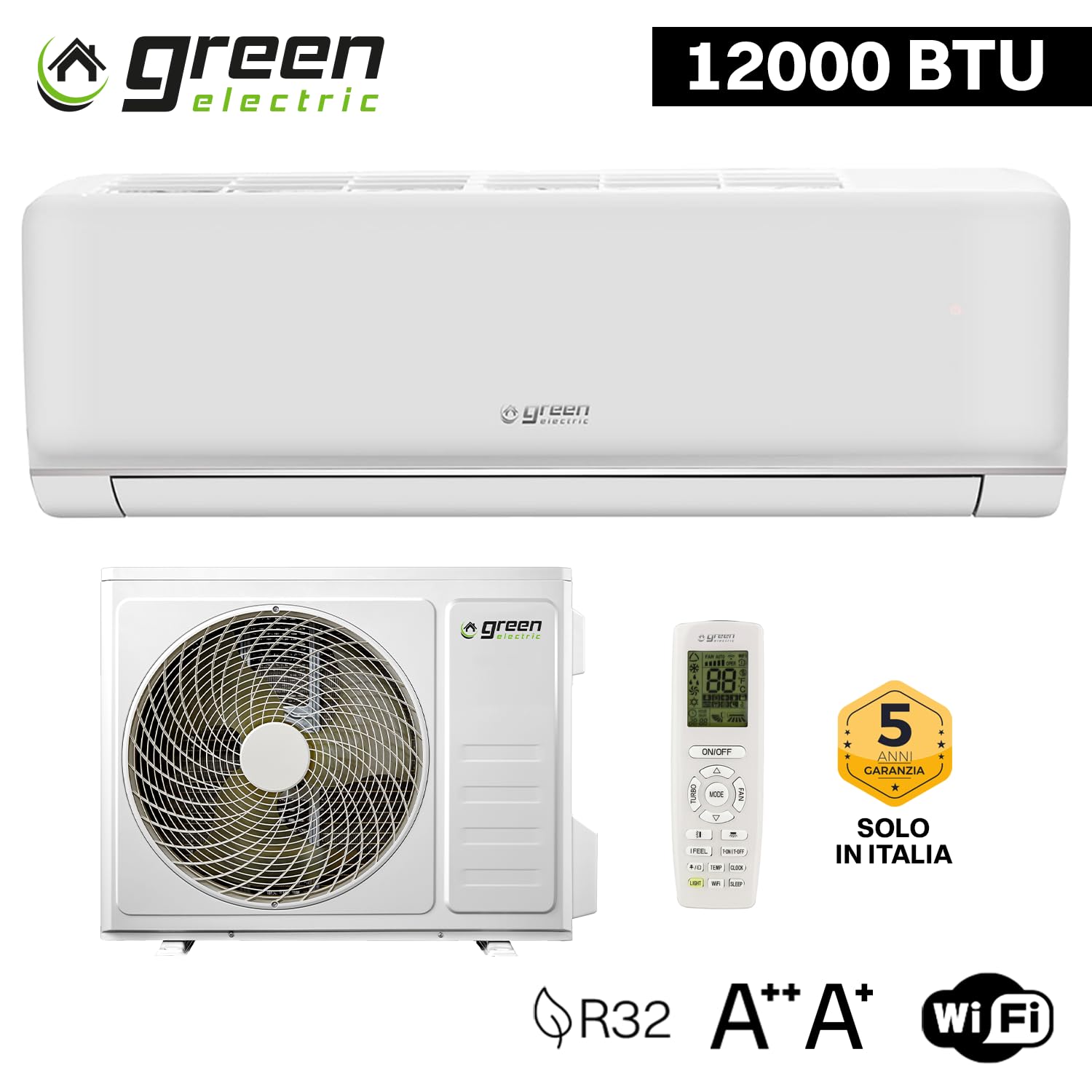 Climatiseur Mono Split Green Electric Plus 12000 BTU WiFi Efficacité Énergétique A++/A+ 3,5 kW, Climatiseur Mural à Faible Consommation avec Inverter Pompe à Chaleur et Unité Extérieure | Clim Mural à Faible Consommation avec Inverter Pompe à Chaleur et U
