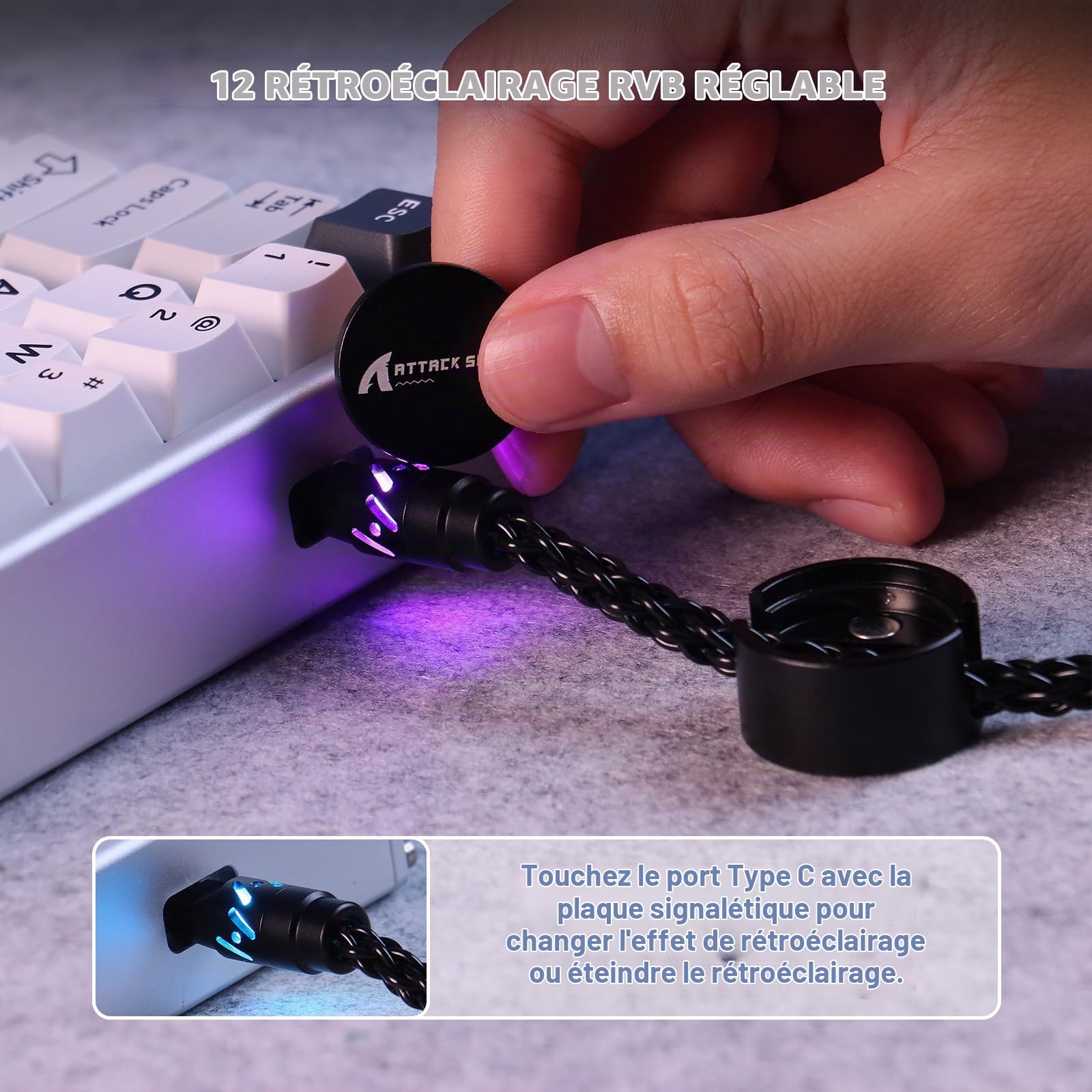 ATTACK SHARK C07 Câble USB-C Lumineux pour Clavier Gaming 8KHz-Noir