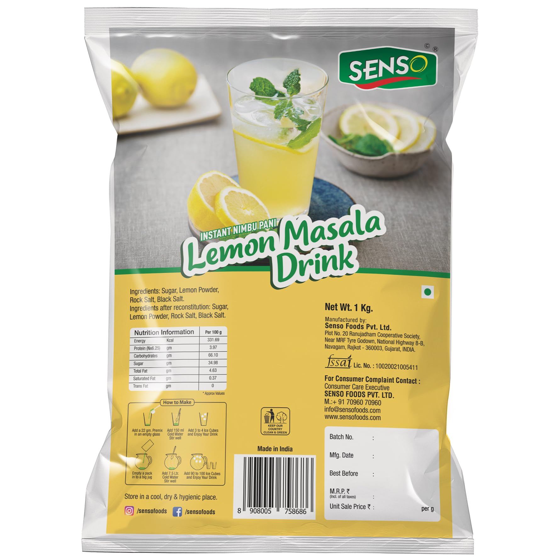 Senso Nimbu Pani Masala Premix 1 Kg | Just Add Cold Water and Enjoy Drink | Refreshing Taste Lemon water premix (B07QYF7MQ3) Amazon Price History, Amazon Price Tracker