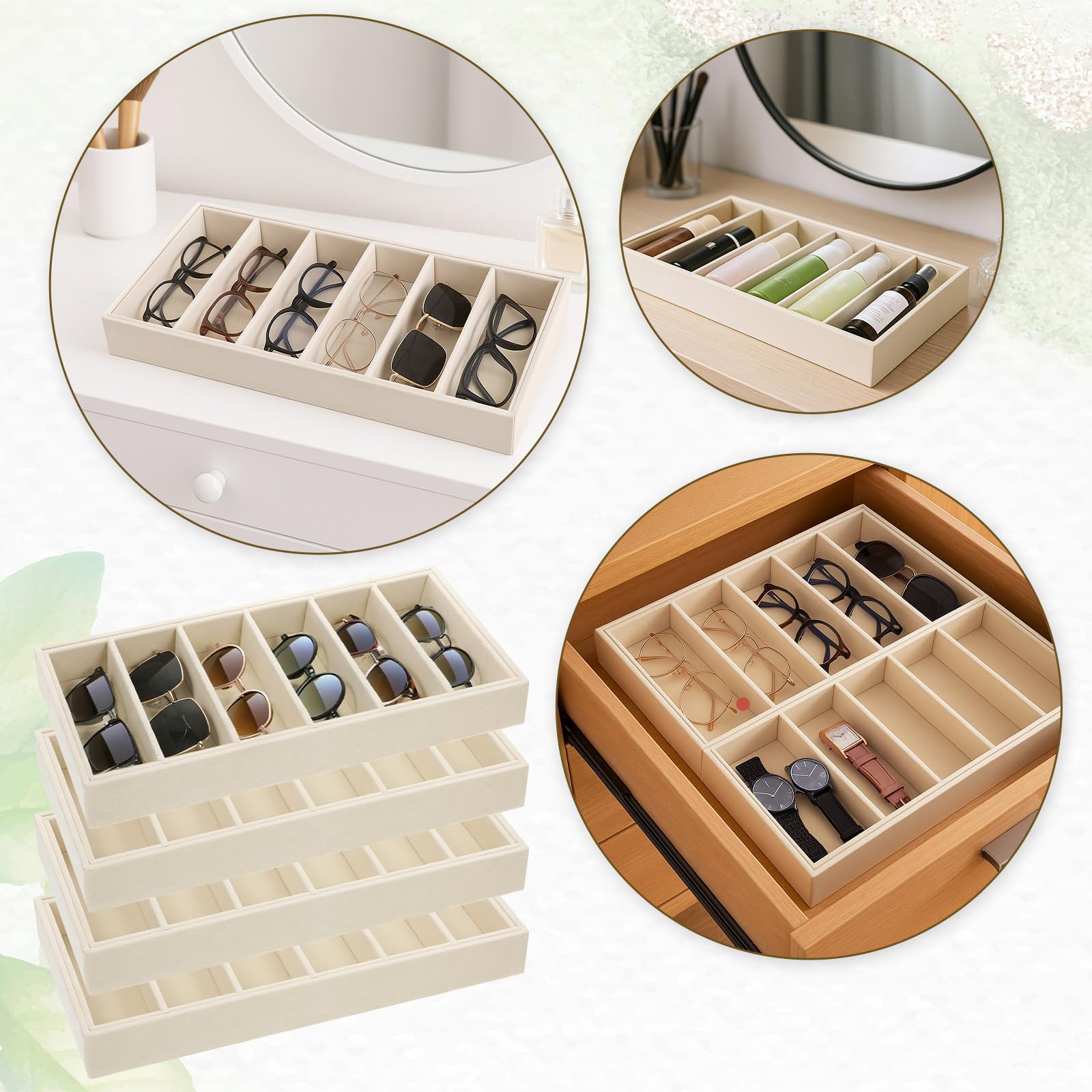 JJUNW 4 vassoi organizer in velluto per occhiali da sole, 6 griglie beige | Organizer per occhiali da sole, vassoio in velluto, impilabile, per esposizione di gioielli, occhiali, orologi
