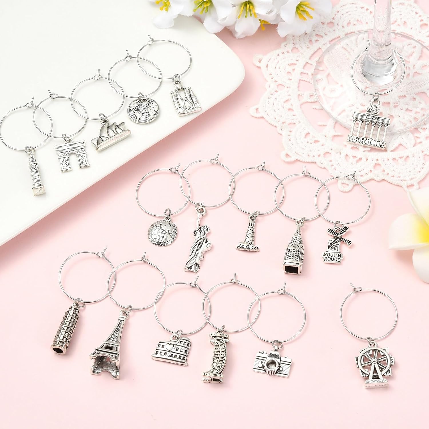 LiQunSweet Wine Glass Charms Set, 17 Styles World Landmarks Travel Theme, Antique Silver Alloy Charms with Brass Rings, 34 Pieces image 2