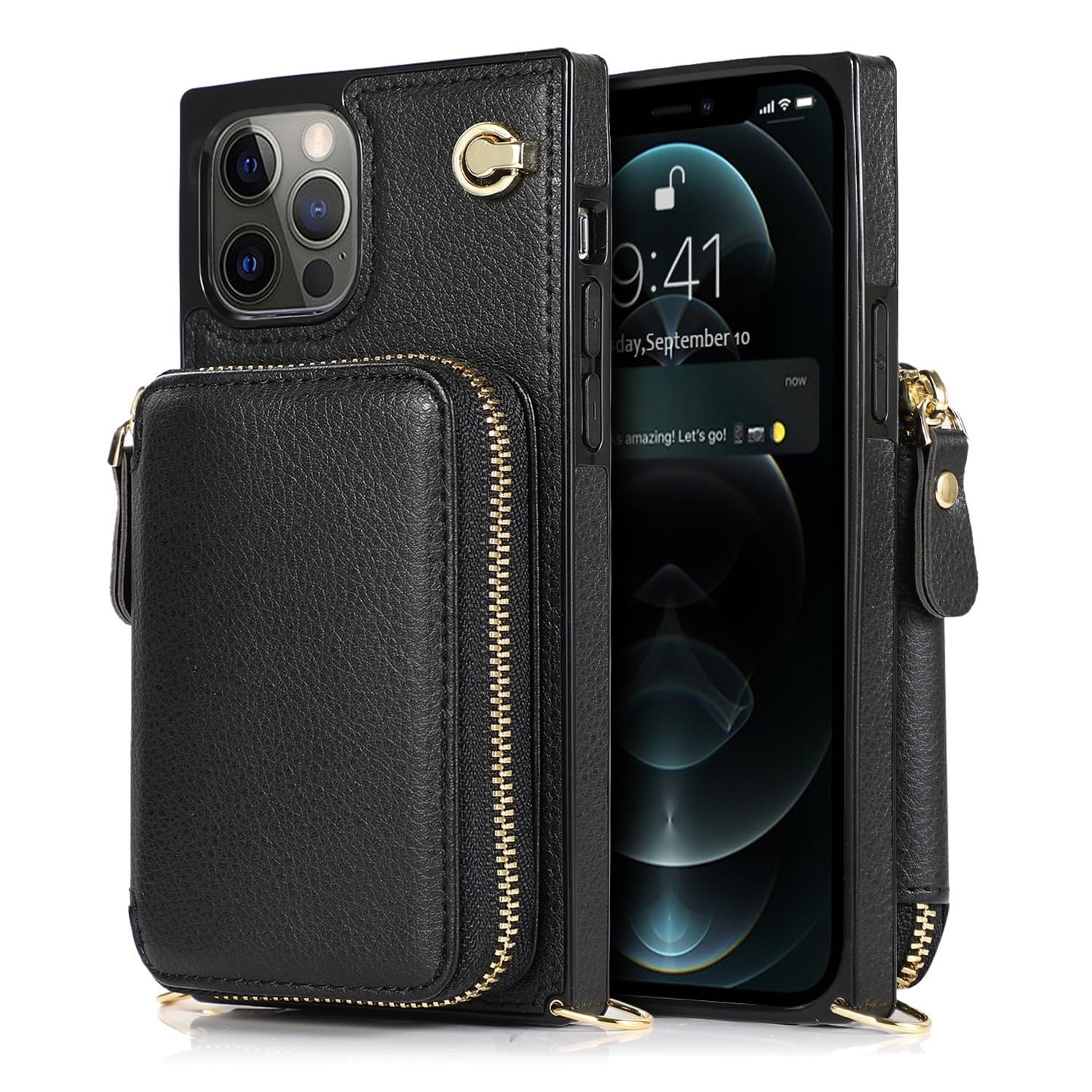 Generisch Etui do iPhone 16/16Plus/16Pro / 16Pro Max, etui z klapką na karty, odporne na upadki, regulowany pasek na ramię, etui ochronne (czarne, 16)
