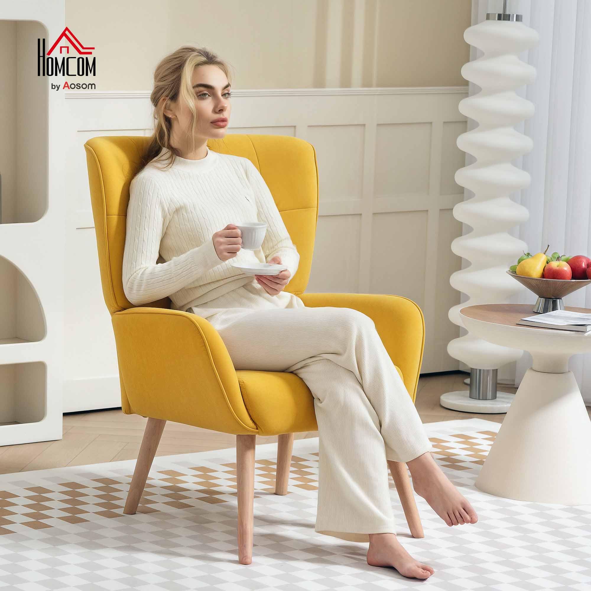 HOMCOM Fauteuil Met Armleuningen, Oorfauteuil, Gepolsterde Stoel Houten Poten Knoopstiksels Wit~1sqjejp69qg00