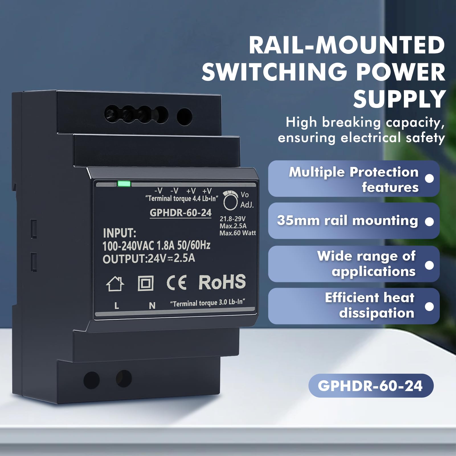 Fuente alimentacion 24v DIN 2.5A 60W hdr-60-24 din riel Entrada 100-240V CA, salida constante 24V CC/2.5 A con protección contra sobretensión sobrecarga sobrecorriente y cortocircuito.