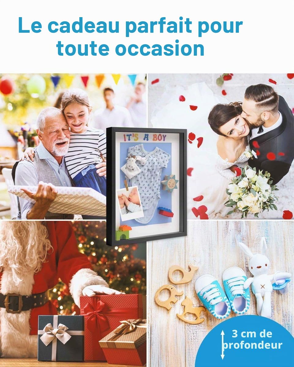PHOTOLINI Cadre Photo 3D à remplir 50 x 70 cm Noir, Cadre boîte Profond, pour Objets jusqu'à 3 cm, Bois MDF, Verre Acrylique - pour Les Loisirs créatifs & comme Cadeau
