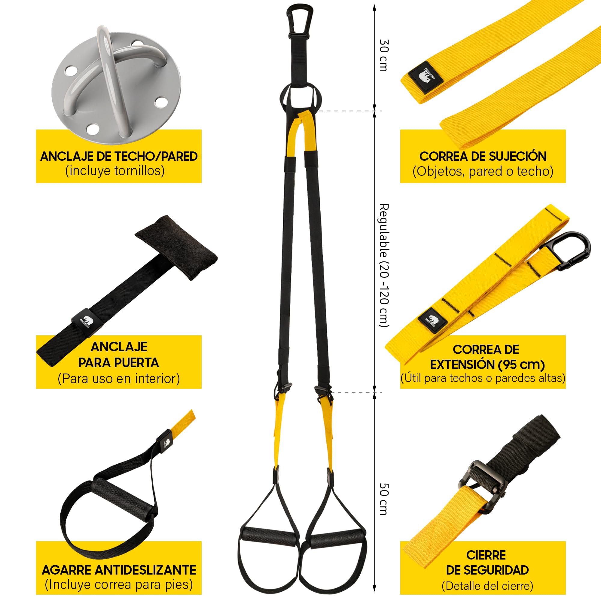 Entrenamiento en suspensión (incluye anclaje de pared y puerta), rueda abdominal y bandas elásticas de musculación. Gimnasio en casa con rodillo abdominal, cintas elásticas musculación y cuerdas