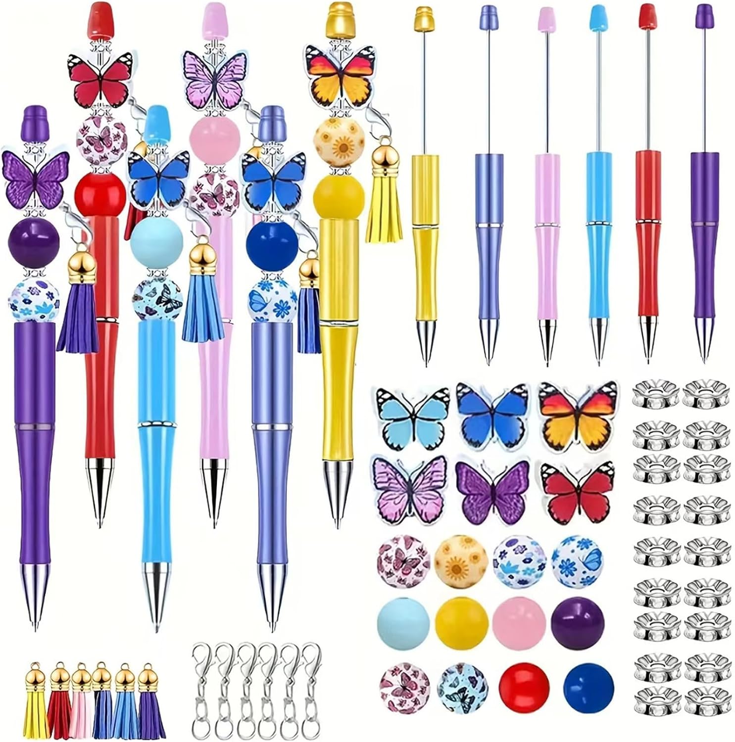 Bemonew Beaded Pens Kit, 108-Piece DIY Beadable Making Kit with Butterfly, Tassels, Beads & Lobster Clasps for Creative Crafting, Bulk Supplies