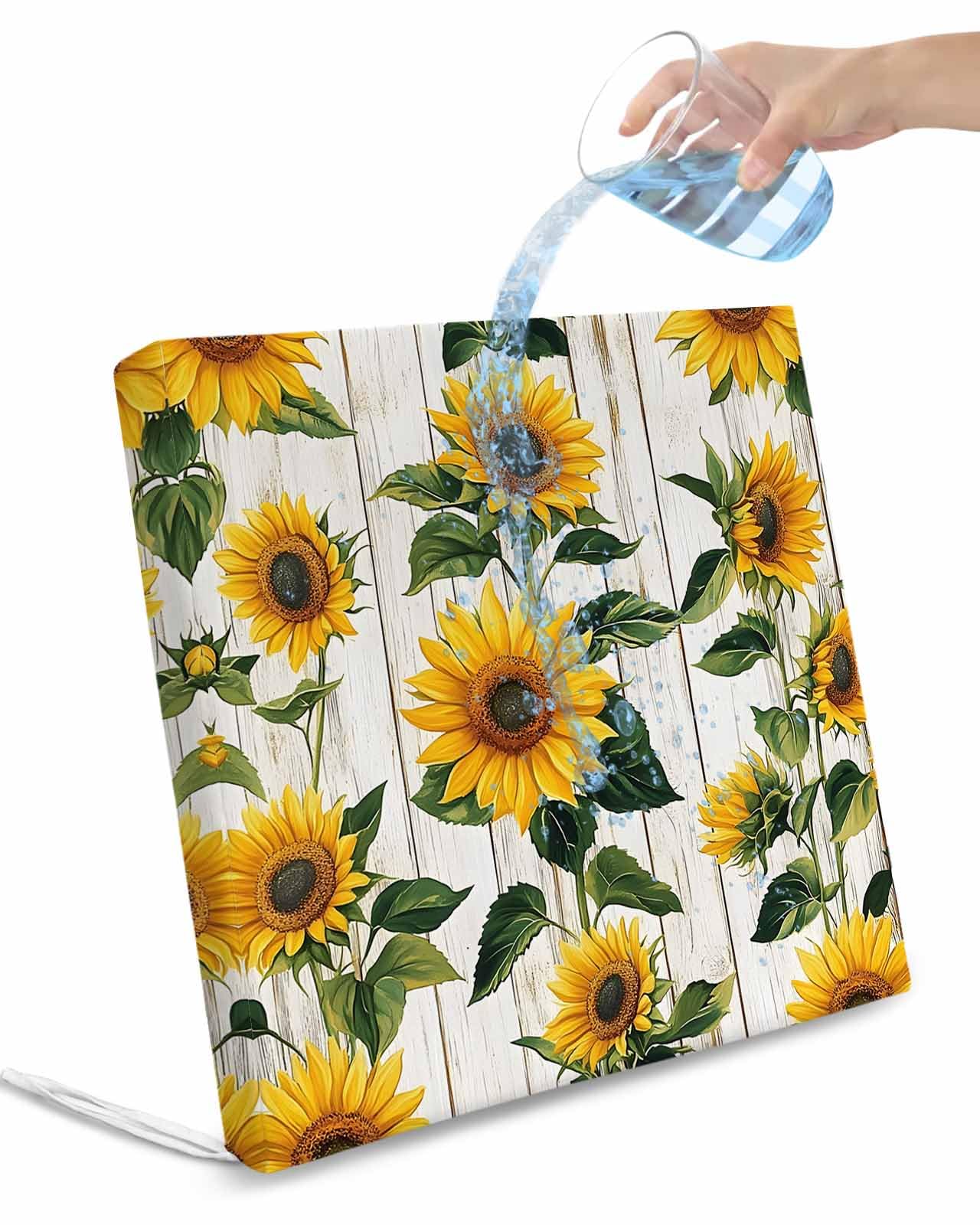 2 Pack Sunflowers Waterproof Cushion Covers with Ties, Outdoor Patio Chaise Lounge Chair Seat Cushion Slip Covers Replacement(Only Cover) Botanical Floral Leaves Beige Wooden Grain 22