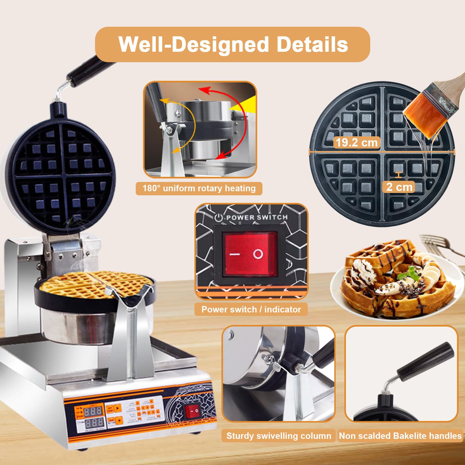 Gofrera Comercial De 1200 W, 0-300 °C Control Digital De Temperatura Y Temporizador De 0 A 10 Min, Gofrera Giratoria, Placas Antiadherentes Extraíbles, Botella Flexible Incluida