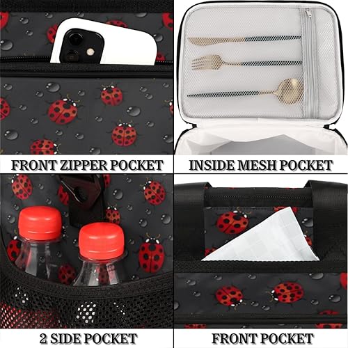 Miniatura 4 de Mularoka Ladybugs - Lonchera aislada para mujeres y hombres, grande, reutilizable, para oficina, picnic, campamento, playa, a prueba de fugas, con
