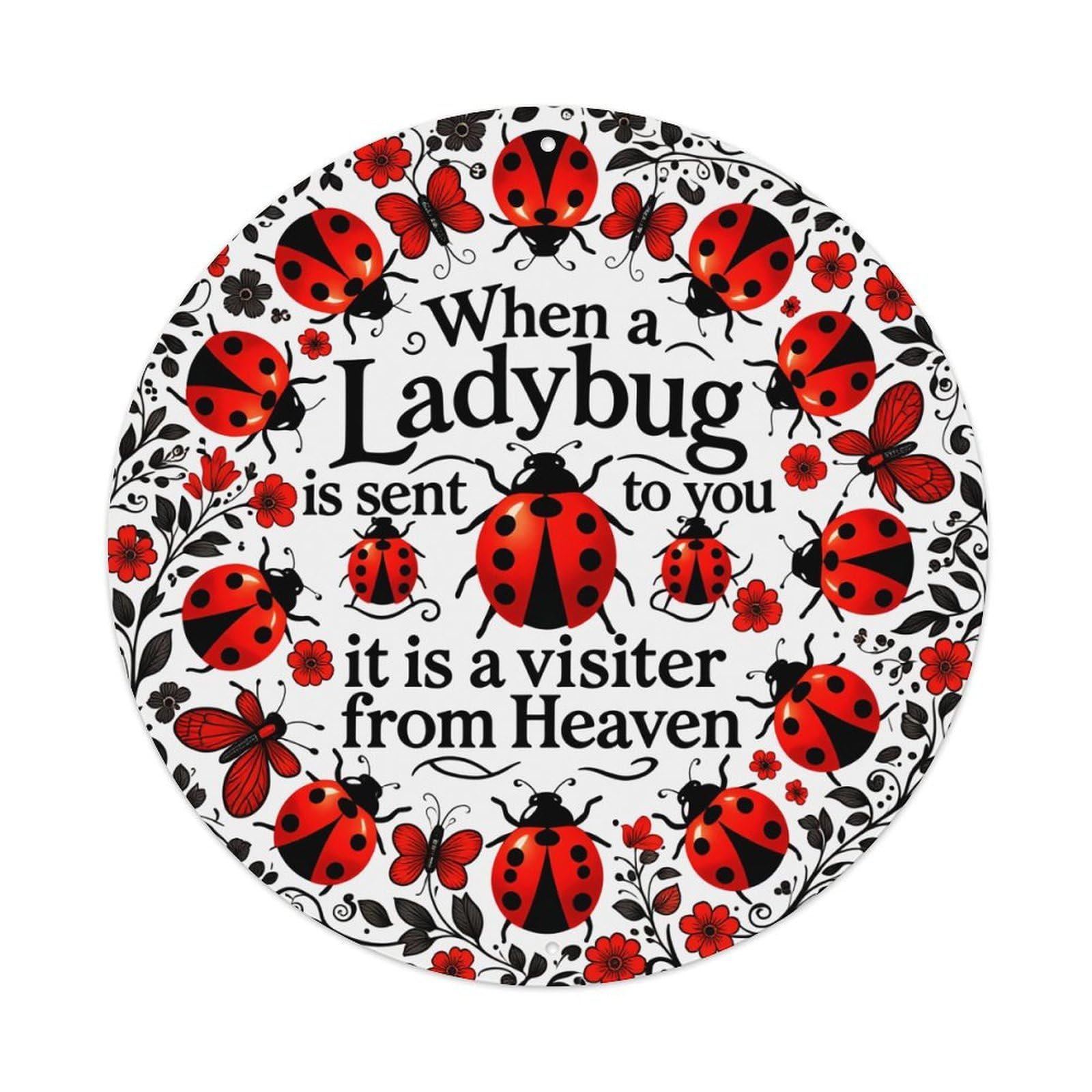Ladybug Flowers Butterflies Leaves Text Round Tin Sign Vintage Metal Poster, Home Bar Garage Man Cave Cafe Indoor & Outdoor Wall Decoration 8x8Inches