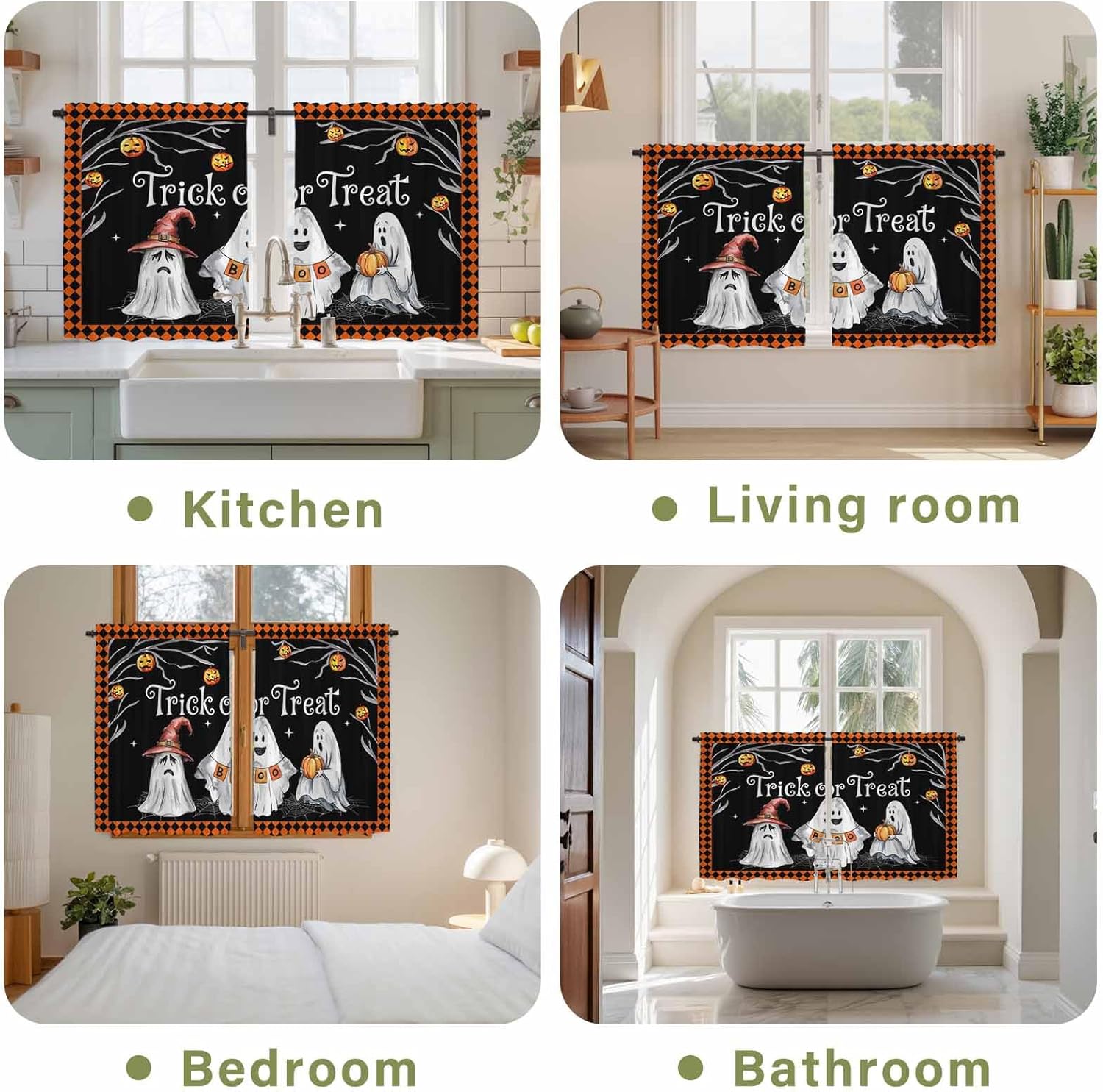 Halloween Ghost Kitchen Curtains 45 Inch Long 2 Panel Set, Rod Pocket Window Treatment, Funny Spooky Pumpkin Orange Plaid Light Filtering Panels Short Drapes for Bathroom Camper 42"W x 45"L